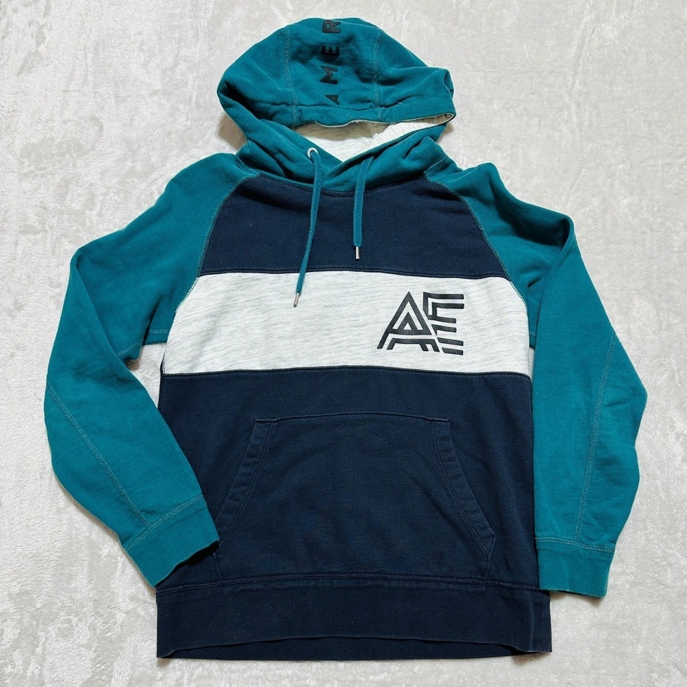American Eagle Sweater Mens S Colorblock Hoodie Teal Navy Grey AE Logo Y2K